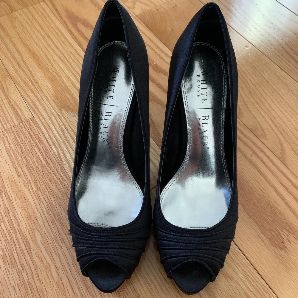White House Black Market Black Satin Open-Toe Pumps